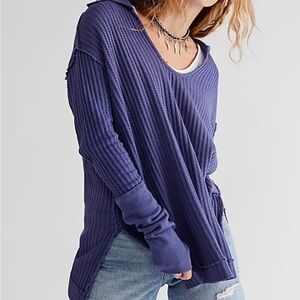 Free People Raymond Oceana Blue Waffle Knit  Oversized Collared Thermal Top S